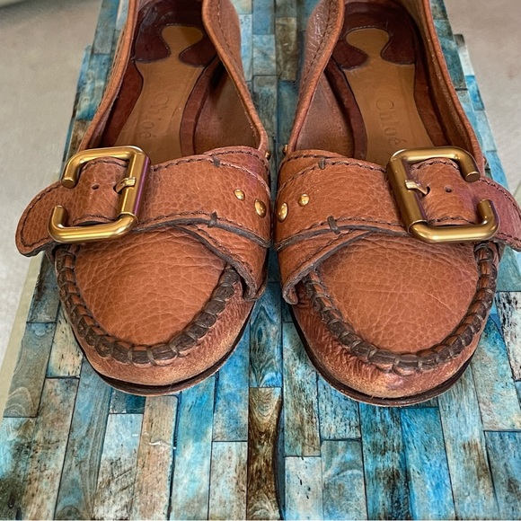 CHLOÉ | C-Buckle Cognac Leather Flat Moccasin Loafers | EU 38.5 / US 8.5 - Picture 5 of 11